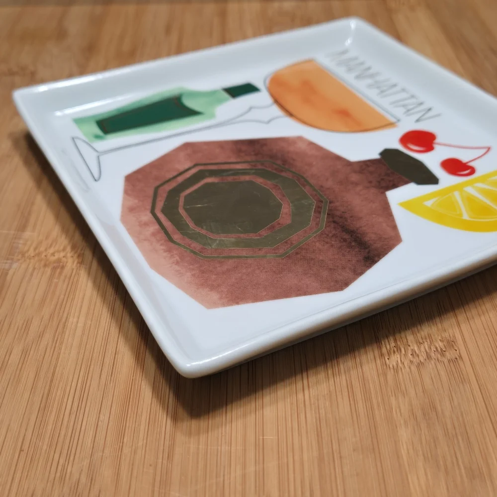 Crate & Barrel Manhattan Recipe Plate Trinket Dish Appetizer, recipe on back